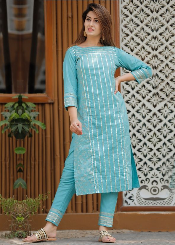 Readymade Turquoise Gota Patti Embellished Kurta Pant Set