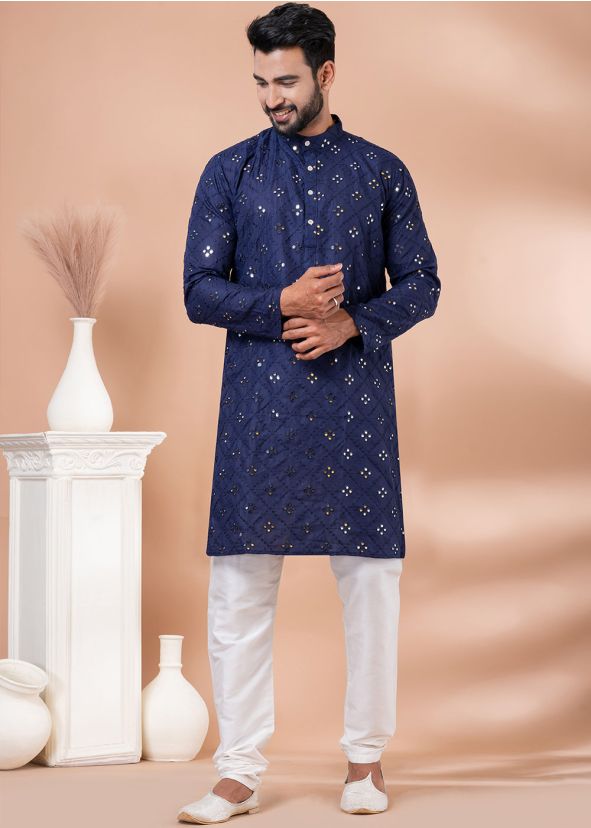 Blue Mens Kurta Pajama In Foil Mirror Work