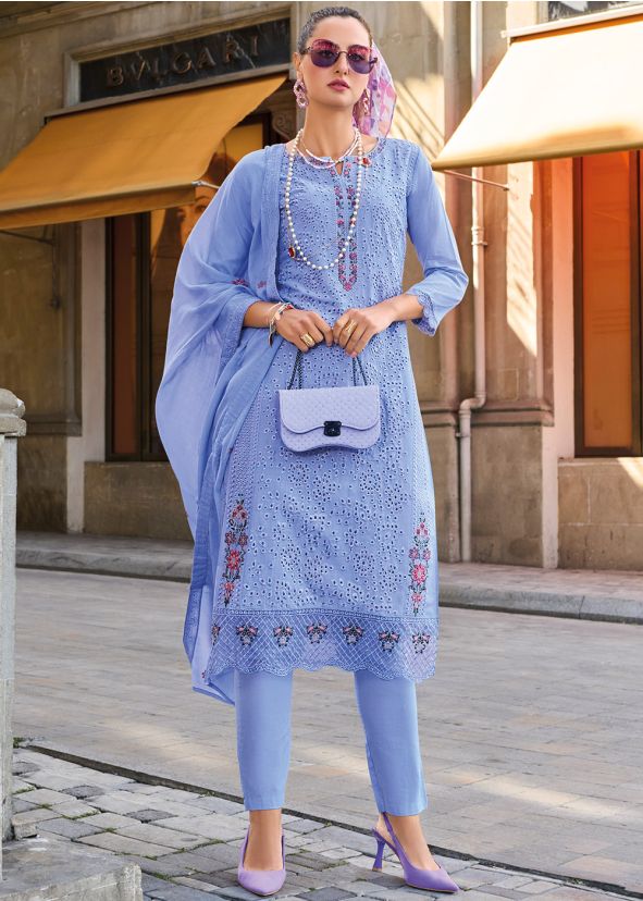 Blue Embroidered Pant Suit Set In Cotton