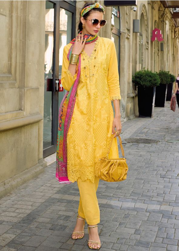 Yellow Lace Work Pant Suit Set In Cotton