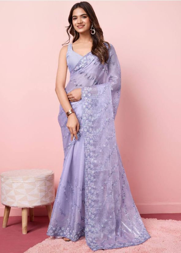 Lavender Purple Embroidered Saree In Art Silk