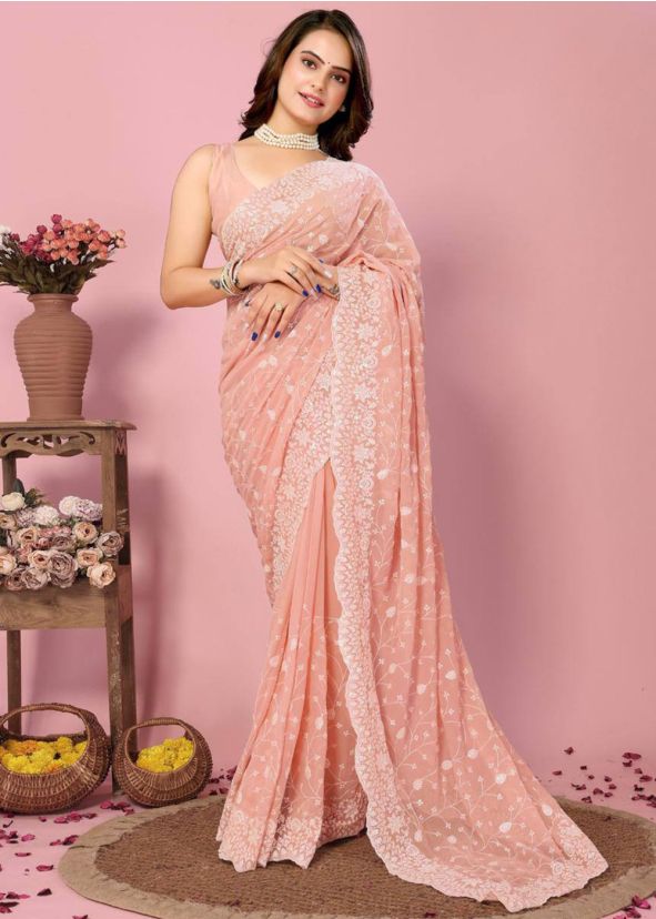 Peach Embroidered Saree In Georgette