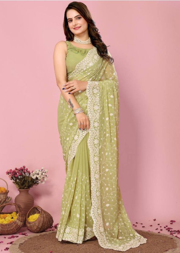 Green Embroidered Saree In Georgette