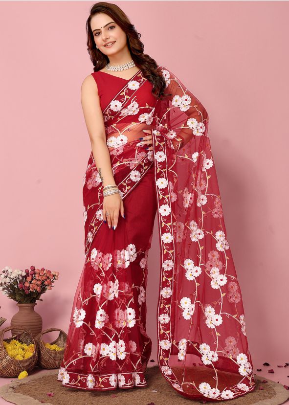 Red Embroidered Saree In Net