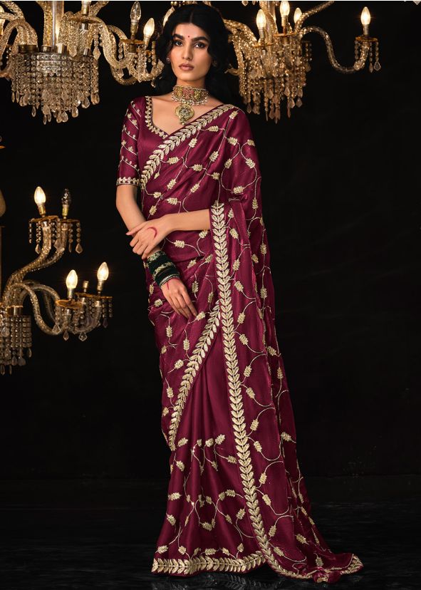 Magenta Sequins Embroidered Saree In Tissue