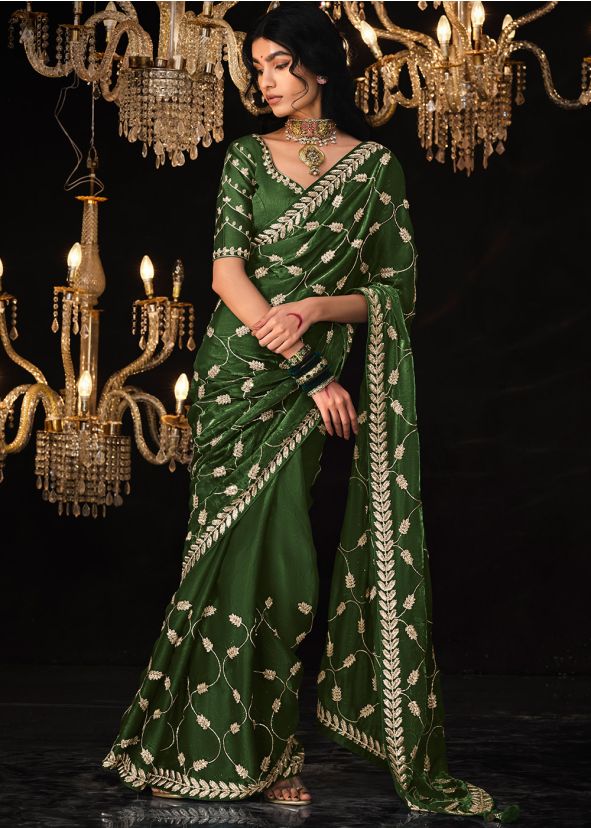 Green Sequins Embroidered Saree In Tissue