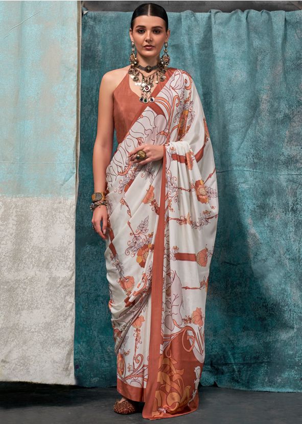 White Floral Print Saree In Crape