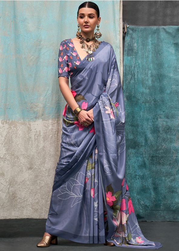 Grey Floral Print Crape Saree With Blouse