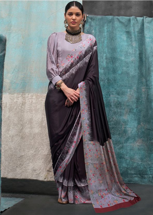 Purple Crape Saree In Floral Print