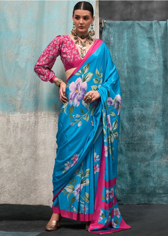 Blue Crape Saree In Floral Print