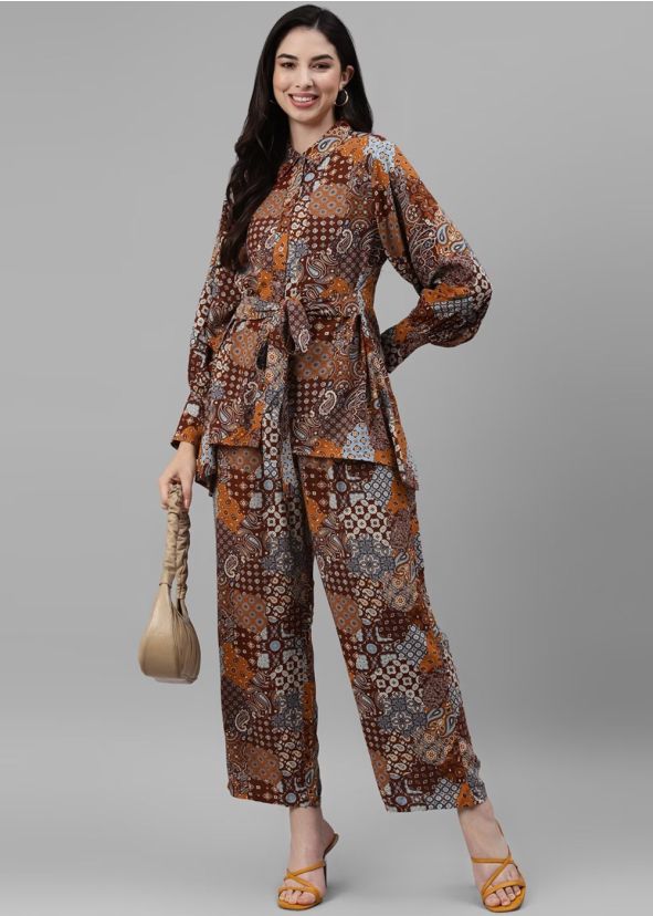 Brown Digital Printed Co-Ord Set In Rayon