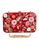 Red Floral Embroidered Silk Clutch With Chain Strap