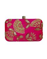 Pink Embroidered Frame Box Clutch With Chain Strap