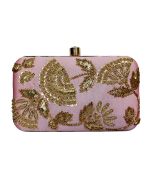 Embroidered Pink Silk Clutch With Chain Strap