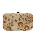 Floral Embroidered Beige Silk Clutch With Chain Strap