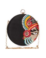 Black Embroidered Silk Round Clutch With Chain Strap