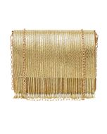 Golden Fringed Velvet Flapover Clutch With Chain Strap