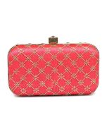 Pink Embroidered Silk Clutch With Chain Strap