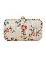 Cream Embroidered Silk Clutch With Chain Strap