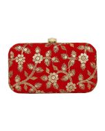 Floral Embroidered Red Velvet Frame Box Clutch