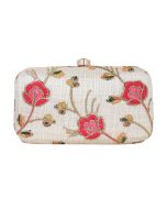 Embroidered Cream Silk Frame Box Clutch