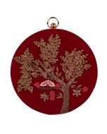 Embroidered Maroon Velvet Round Clutch