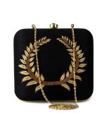 Black Embroidered Square Box Clutch With Chain Strap