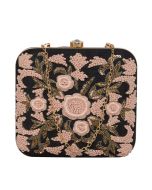 Floral Embroidered Black Silk Square Box Clutch