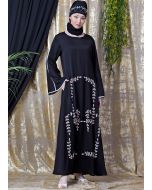 Black Hand Embroidered Bell Sleeved Abaya