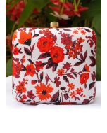 Floral Printed White Art Silk Square Box Clutch