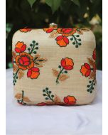 Floral Embroidered Beige Square Box Clutch