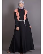 Black and Peach Frilled Pattern Readymade Abaya