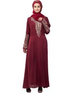 Maroon Readymade Embroidered Abaya In Nida