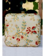 Floral Embroidered Off White Square Box Clutch