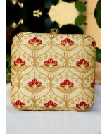 Embroidered Art Silk Golden Square Clutch