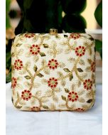 Floral Embroidered Cream Square Box Clutch