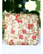 Embroidered Cream Art Silk Square Box Clutch