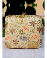 Embroidered Art Silk Golden Square Box Clutch