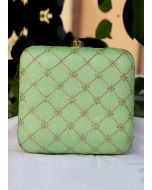 Sequins Embellished Art Silk Green Square Clutch