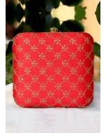 Embroidered Art Silk Red Square Box Clutch