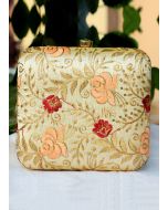 Floral Embroidered Golden Square Box Clutch