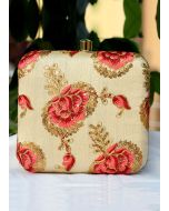 Floral Embroidered Golden Art Silk Square Clutch