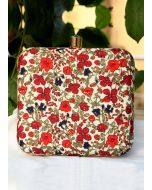 Floral Printed Off White Art Silk Square Clutch