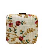 Floral Embroidered Art Silk Cream Square Clutch