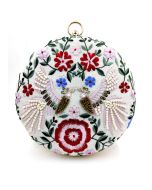 Embroidered Art Silk White Round Clutch