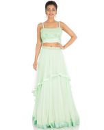 Pastel Green Hand Embroidered Crop Top With Skirt