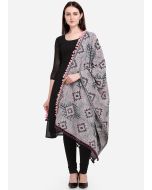 Thread Embellished Cotton Dupatta In Grey