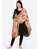 Heavy Thread Embroidered Cotton Dupatta In Beige