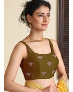 Green Embroidered Dupion Silk Readymade Blouse