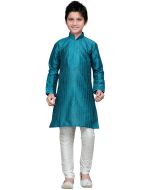 Readymade Teal Blue Art Silk Kids Kurta Pajama